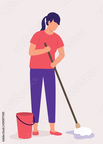 One Young Woman Mopping The Wet Floor With Mop And A Bucket Of Water.
