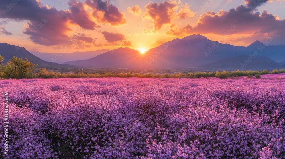 Sunset over blooming flowers in a mountain valley Sunset over blooming flowers in a mountain valley