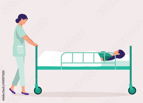 Side View Of Female Nurse Pushing A Patient With Hospital Bed.