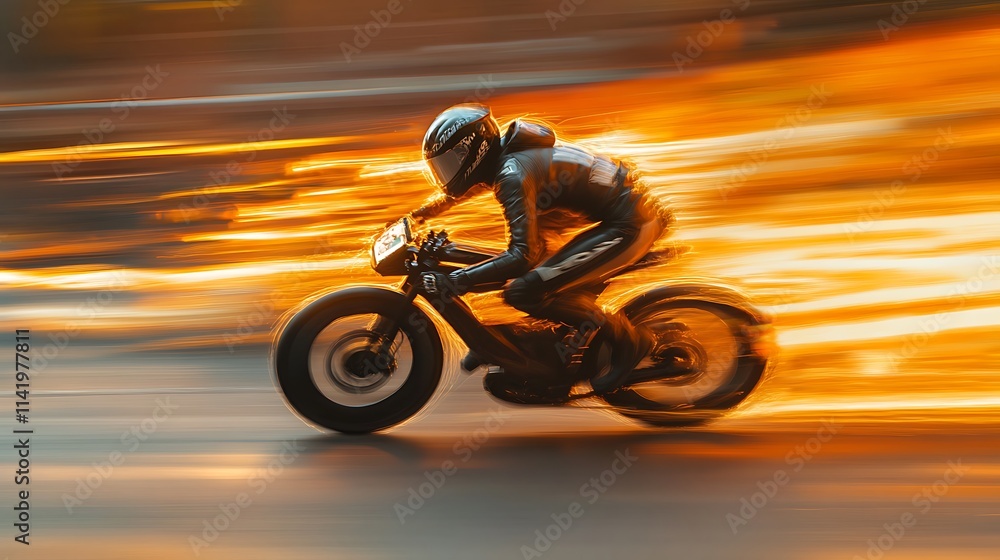 Fototapeta premium Blurred Motion of a Motorcyclist at Sunset, Digital Painting. AI Generated