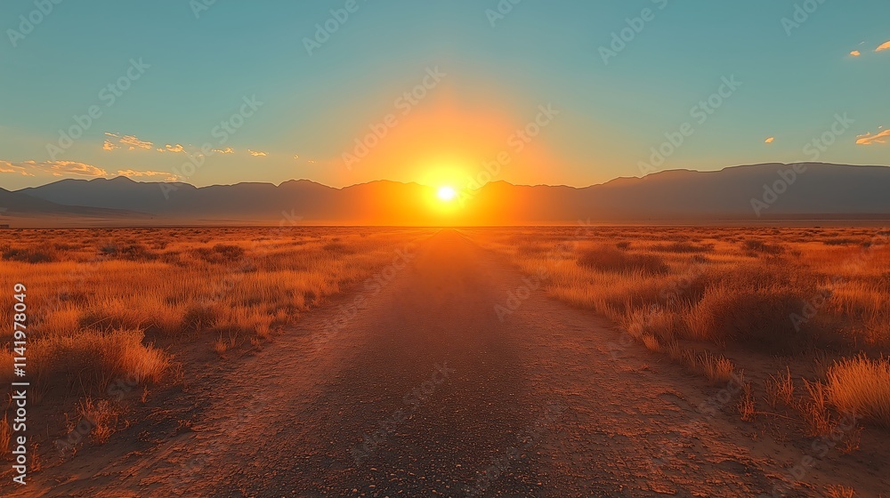Naklejka premium Desert Sunset Road: A scenic road stretches towards a vibrant sunset over a vast desert landscape. The sun's fiery glow paints the sky and the land in warm, inviting hues.