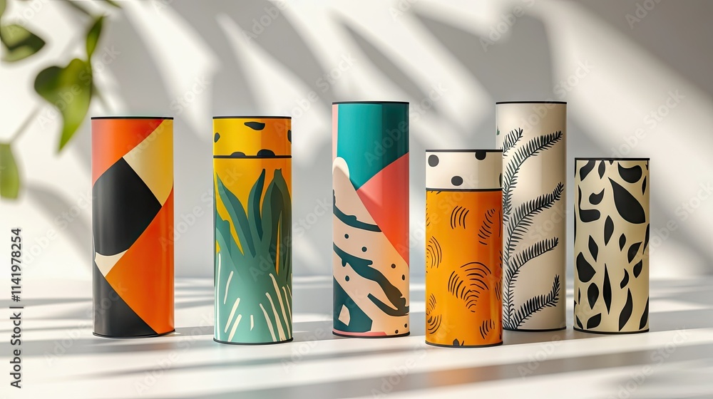 Fototapeta premium A set of air freshener cans featuring bold and modern designs, standing neatly on a clean white surface