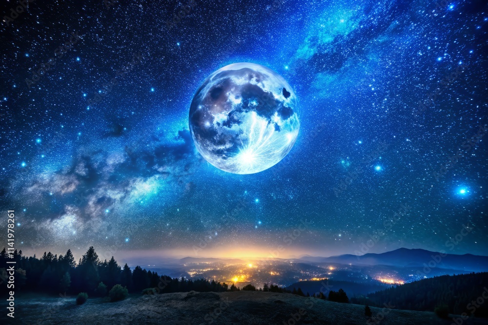 Blue Moon Night Sky: Wide-Angle Astrophotography of Celestial Wonder Blue Moon Night Sky: Wide-Angle Astrophotography of Celestial Wonder