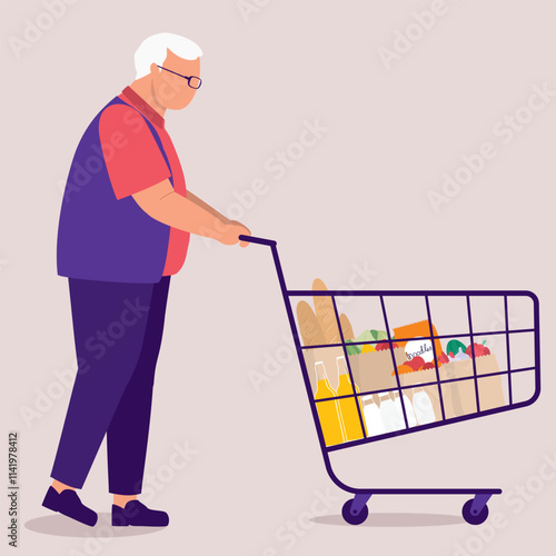 Side View Of An Elderly Man Walking While Pushing A Shopping Cart Loaded With Groceries.