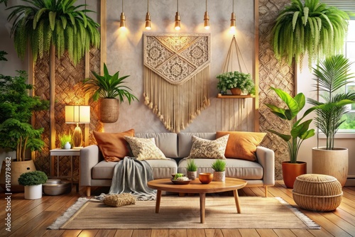 Bohemian Scandinavian Living Room 3D Render Close-Up: Cozy Interior Design Wall Mockup