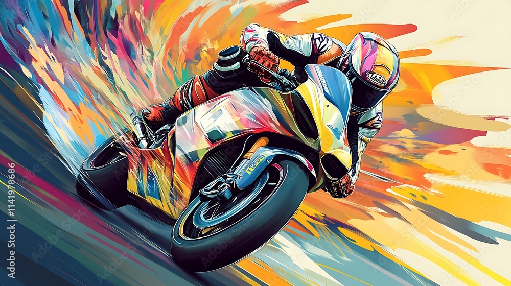 Fototapeta premium Motorcycle racing fast colorful digital painting abstract style.. AI Generated