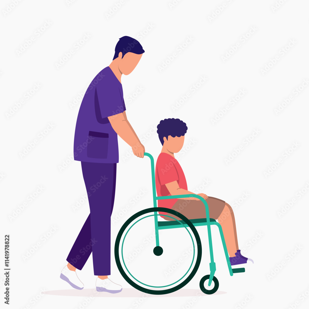 Side View Of Male Nurse Pushing A Disabled Little Boy In Wheelchair. Side View Of Male Nurse Pushing A Disabled Little Boy In Wheelchair.