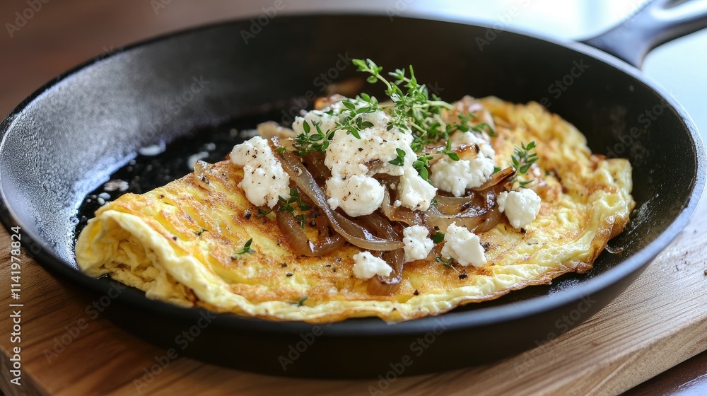 A skillet omelet with caramelized onions and goat cheese, served on a rustic wooden board A skillet omelet with caramelized onions and goat cheese, served on a rustic wooden board