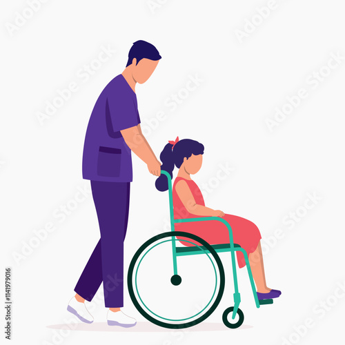 Side View Of Male Nurse Pushing A Disabled Little Girl In Wheelchair.