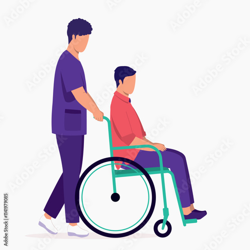 Side View Of A Male Nurse Pushing A Disabled Young Man In Wheelchair.