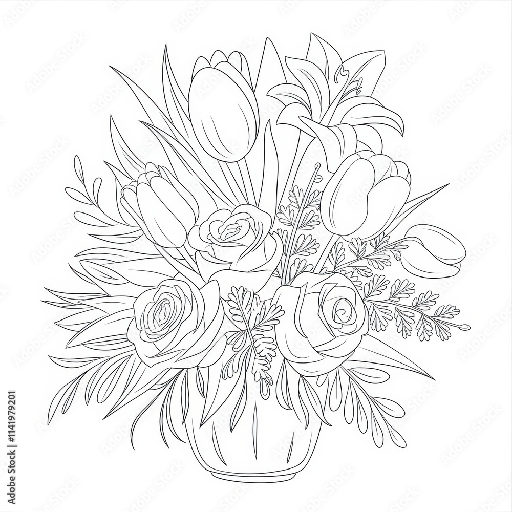 Fototapeta premium A beautiful bouquet of roses tulips and lilies in a vase