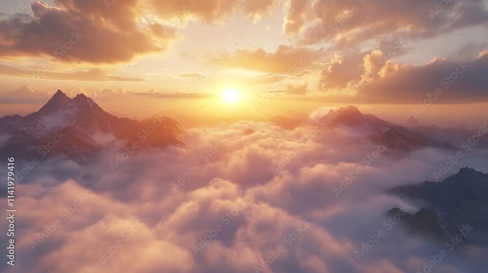 Golden Hour Sunset Over the Swiss Alps: Aerial View of Majestic Peaks and Clouds. AI Generated Golden Hour Sunset Over the Swiss Alps: Aerial View of Majestic Peaks and Clouds. AI Generated