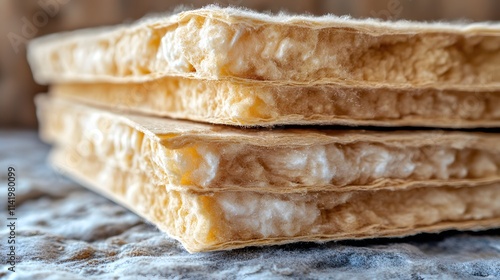 Home insulation is vital for energy efficiency, featuring layered materials that trap air. This image showcases textured insulation panels stacked for easy installation.