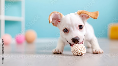 A playful puppy in a shelter's indoor play area, happily chewing on a soft toy photo