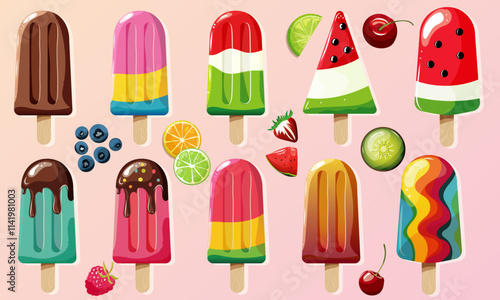 Ensemble de popsicles, multicolor. Glaces, été, fraicheur en format vectoriel