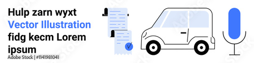 Blue-and-black documents, small car, and microphone with placeholder text. Ideal for tech presentations, automotive, communication tools, transcription services, document management, voice