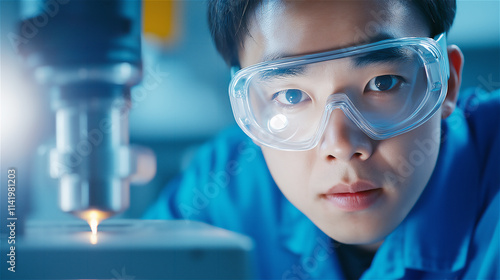 Close-up of a young scientist wearing safety goggles, focused on an experiment, symbolizing science, research, and innovation.