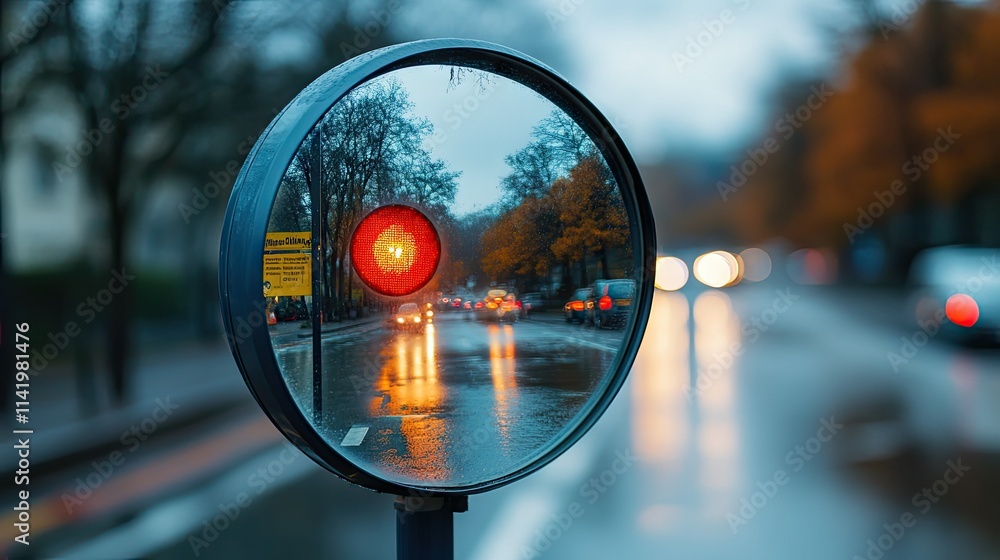 A spherical road mirror on a rainy day, capturing a blurry reflection of headlights on a wet road A spherical road mirror on a rainy day, capturing a blurry reflection of headlights on a wet road