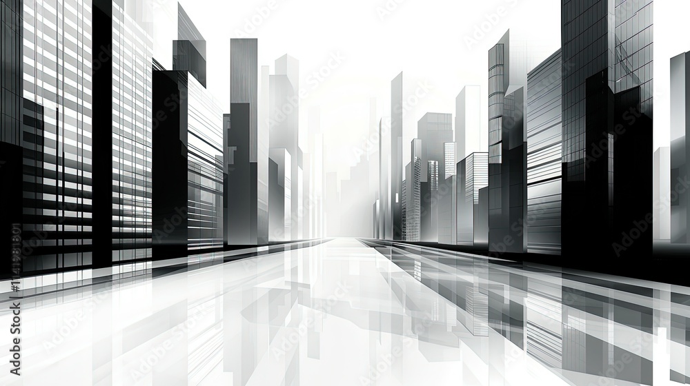 Monochromatic city street scene with reflective surface, showcasing modern architecture and urban landscape. Monochromatic city street scene with reflective surface, showcasing modern architecture and urban landscape.