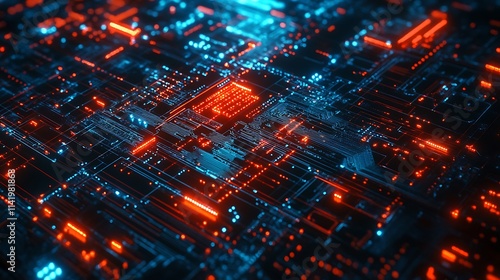 Cyberpunk-Style 3D Render: Glowing Circuits and Digital Technology. AI Generated