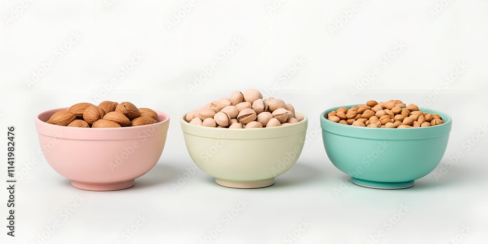 Three pastel bowls filled with nuts (walnuts, pistachios, and almonds) against a minimalist white background. Perfect for food styling, healthy eating, and copy space concepts. Three pastel bowls filled with nuts (walnuts, pistachios, and almonds) against a minimalist white background. Perfect for food styling, healthy eating, and copy space concepts.