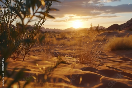 A peaceful desert scene with undisturbed sand dunes glowing golden under the setting sun photo