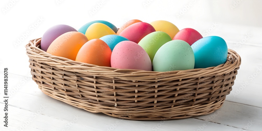 Wicker basket filled with colorful painted Easter eggs in vibrant pastel hues placed on a white wooden background with copy space for design. Wicker basket filled with colorful painted Easter eggs in vibrant pastel hues placed on a white wooden background with copy space for design.