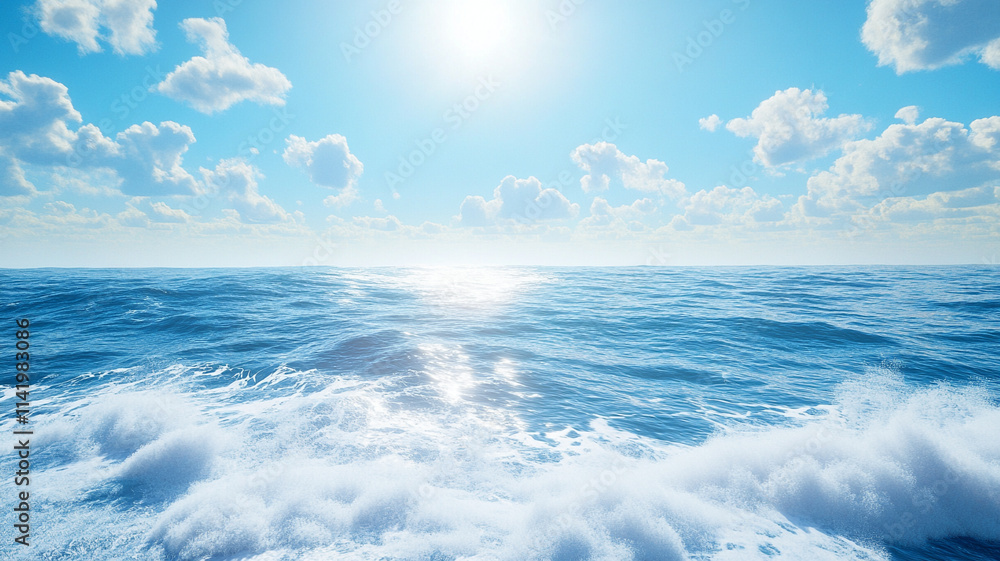 Ocean Waves and Sunny Sky: Serenity on the open sea. A breathtaking view of deep blue waves, white foam, and a vibrant sunny sky. Perfect for travel, nature, and relaxation themes. Ocean Waves and Sunny Sky: Serenity on the open sea. A breathtaking view of deep blue waves, white foam, and a vibrant sunny sky. Perfect for travel, nature, and relaxation themes.