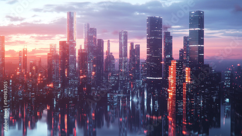 Cyberpunk Cityscape at Sunset: A breathtaking digital rendering of a futuristic metropolis reflected in a tranquil body of water, bathed in the warm hues of a setting sun.