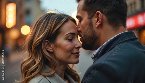 Romantic couple embracing closely under city lights at night, sharing a loving forehead kiss under an urban skyline