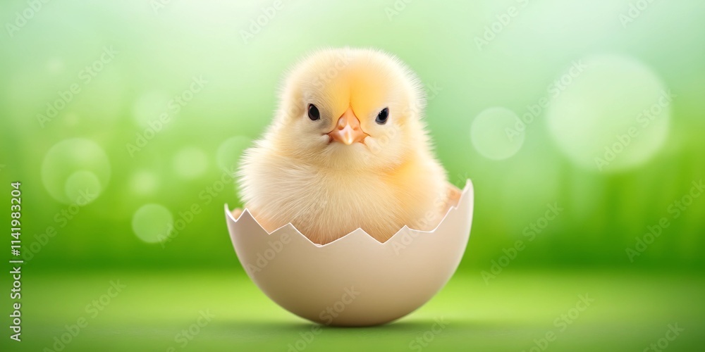 Yellow chick sitting inside a cracked eggshell on a soft-focus green background, symbolizing rebirth, springtime, and Easter celebrations, with ample copy space for text. Yellow chick sitting inside a cracked eggshell on a soft-focus green background, symbolizing rebirth, springtime, and Easter celebrations, with ample copy space for text.