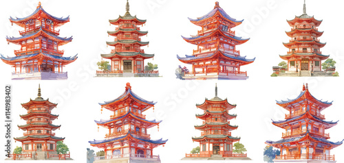 chinese pagoda watercolor clipart