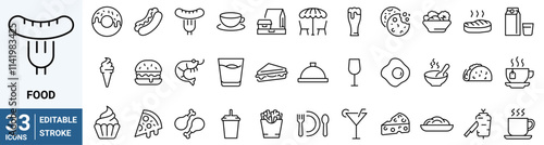 Food and drinks line web icons. Restaurant, Fast food. Burger, donut, pizza, ice cream, coffee. Editable stroke.