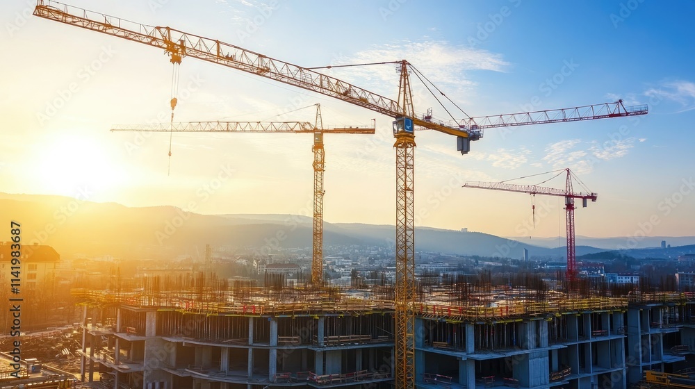 A sprawling construction site with multiple cranes and building foundations under progress A sprawling construction site with multiple cranes and building foundations under progress