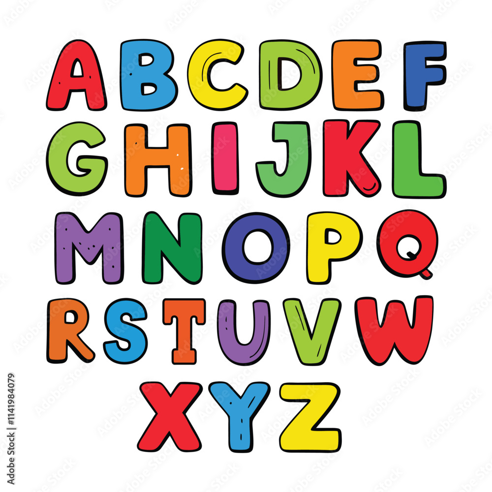 funny colorful cartoon alphabet poster featuring rounded bold letters in rainbow colors with a black outline. perfect for kids' birthday cards, baby showers, or as an educational nursery print. funny colorful cartoon alphabet poster featuring rounded bold letters in rainbow colors with a black outline. perfect for kids' birthday cards, baby showers, or as an educational nursery print.
