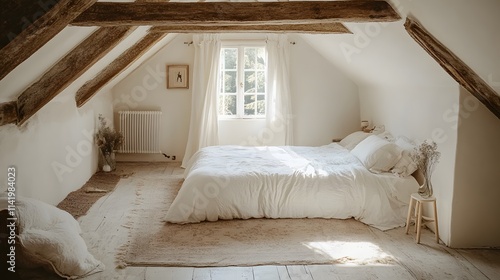 Home insulation enhances comfort in this serene attic bedroom, featuring soft textiles, natural light, and rustic wooden beams, creating a peaceful retreat.