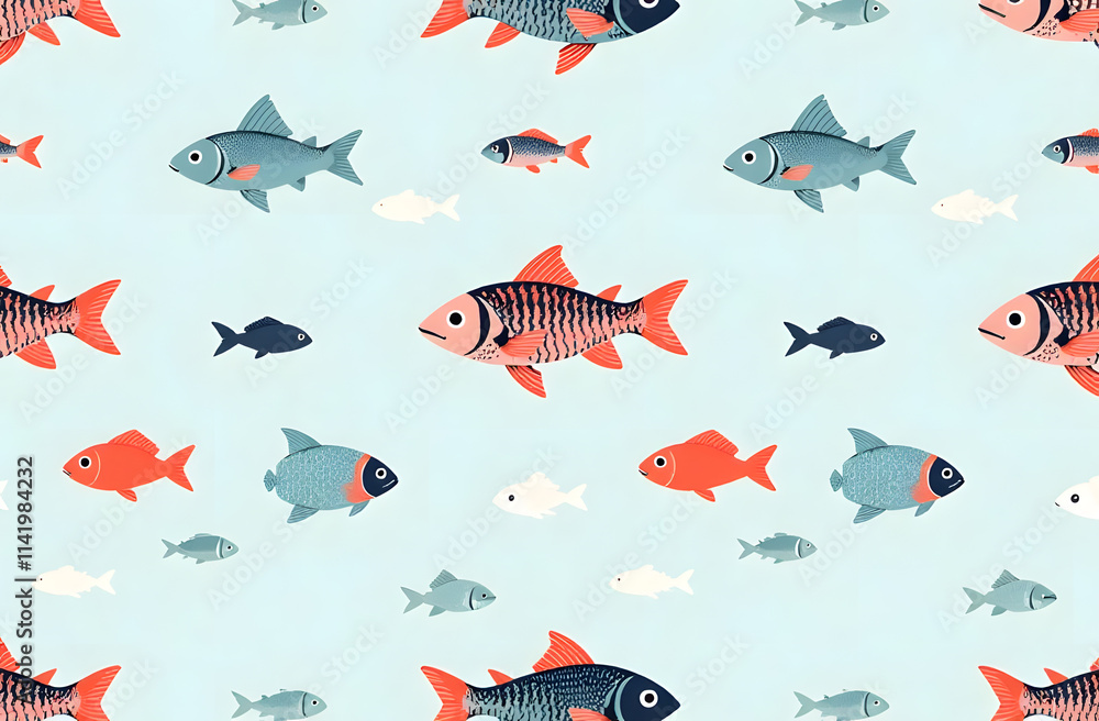 Seamless pattern with small fish. Fish, fishes on light blue background, minimalistic style, good for textile, paper pattern Seamless pattern with small fish. Fish, fishes on light blue background, minimalistic style, good for textile, paper pattern