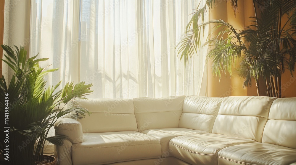 A sunny room with a white leather sectional sofa, sheer curtains, and tropical indoor plants A sunny room with a white leather sectional sofa, sheer curtains, and tropical indoor plants
