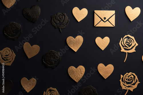 Elegant valentine's day pattern featuring golden and black hearts, roses, and an envelope on a dark background, symbolizing love and romance
