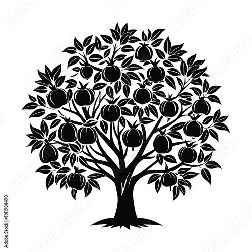 vector design of Pomegranate Tree (Punica granatum), labeled vector art, linocut silhouette illustration.