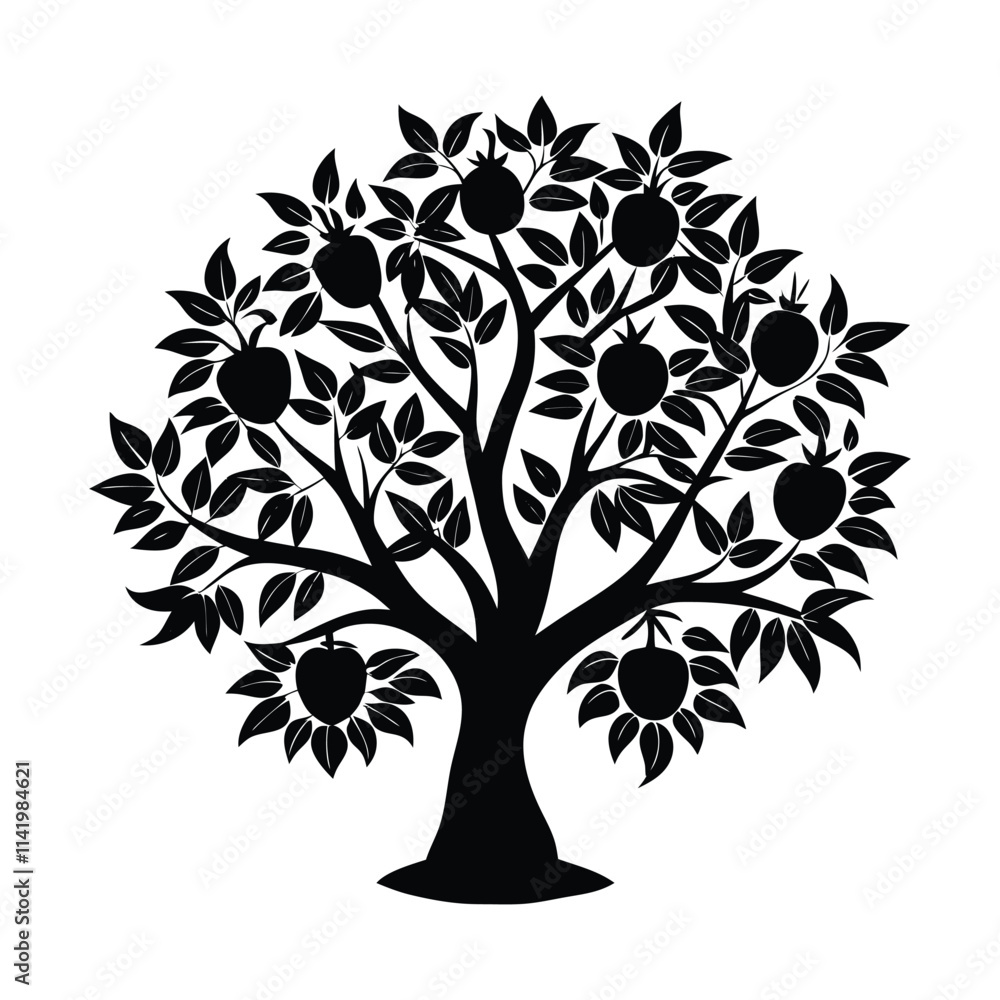 Obraz premium vector design of Pomegranate Tree (Punica granatum), labeled vector art, linocut silhouette illustration.