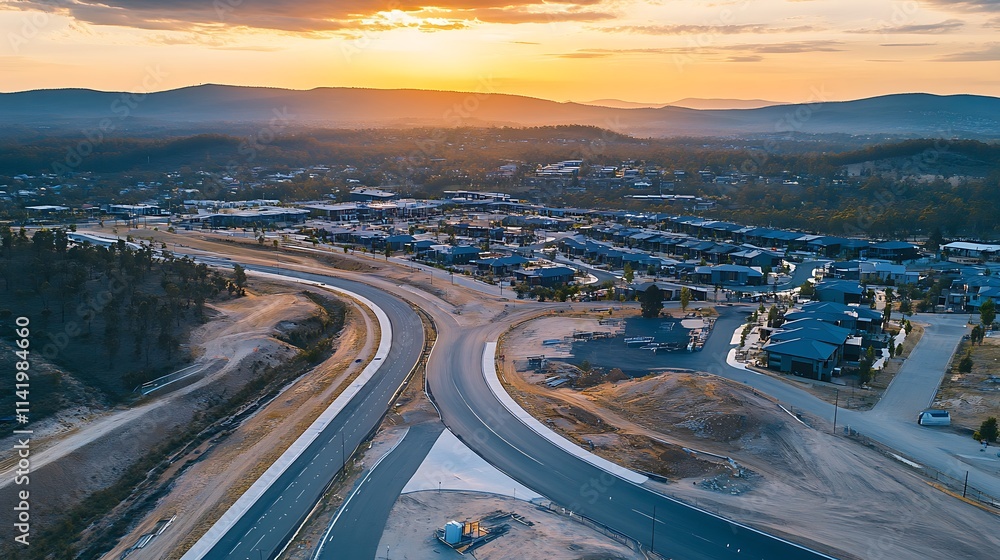 Fototapeta premium Golden Hour Aerial View of New Housing Development in the Australian Outback. AI Generated