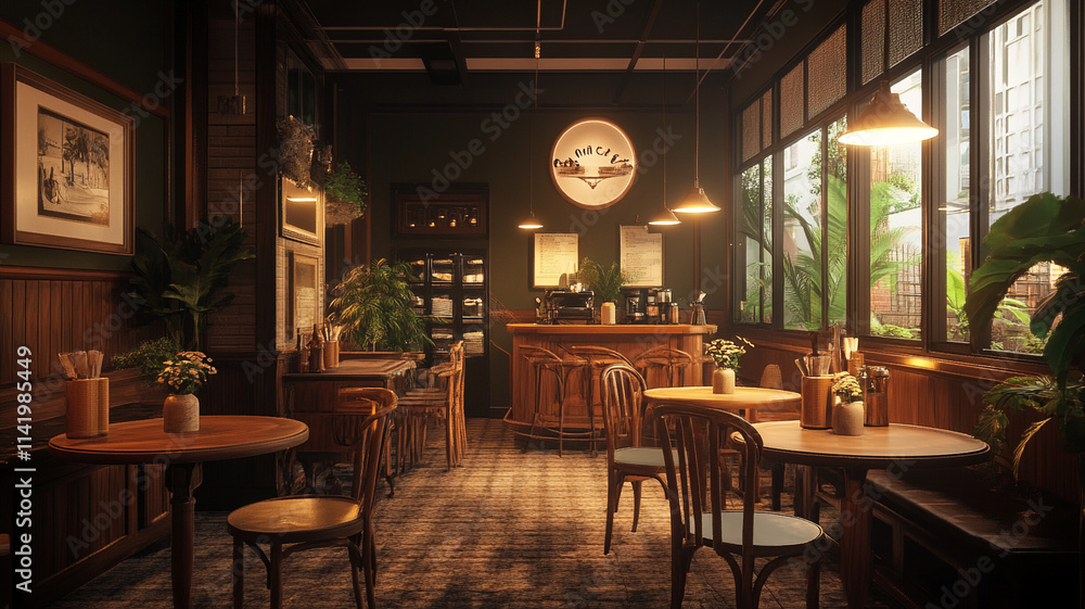 Cozy Cafe Interior: Warm, inviting atmosphere with rustic wooden furniture, lush greenery, and vintage accents. The perfect spot for a relaxing coffee break or an intimate gathering. Cozy Cafe Interior: Warm, inviting atmosphere with rustic wooden furniture, lush greenery, and vintage accents. The perfect spot for a relaxing coffee break or an intimate gathering.