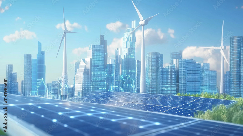 Sustainable Future: A futuristic cityscape merges with renewable energy sources, showcasing wind turbines and solar panels in a harmonious vision of clean energy and progress. Sustainable Future: A futuristic cityscape merges with renewable energy sources, showcasing wind turbines and solar panels in a harmonious vision of clean energy and progress.