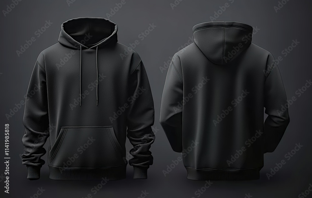Black hoodie sweatshirt front and back mockup template vector illustration on a dark background Black hoodie sweatshirt front and back mockup template vector illustration on a dark background