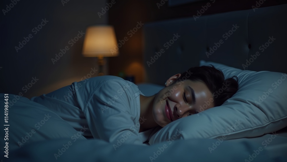 happy person woman sleeping in bed at night happy person woman sleeping in bed at night