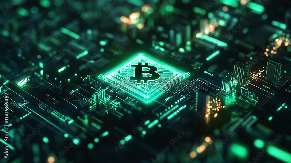 Bitcoin: The Future of Finance: A mesmerizing abstract rendering of a bitcoin symbol pulsating within a glowing circuit board. Bitcoin: The Future of Finance: A mesmerizing abstract rendering of a bitcoin symbol pulsating within a glowing circuit board.