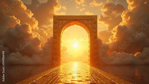 door to the sky gold gate in heaven rich and magnificent golden gate wide open floating among beautiful clouds