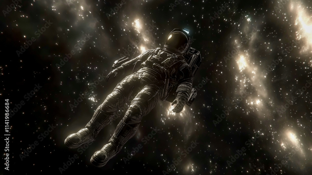 Fototapeta premium A lone astronaut wearing a high-tech space suit, floating in the vastness of outer space