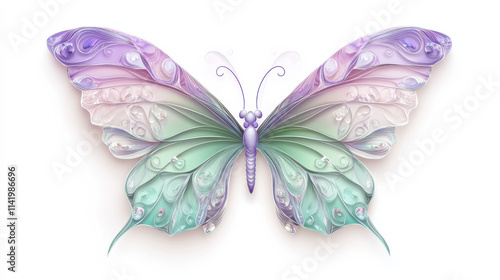 Highly detailed cut-out style butterfly illustration, vibrant lavender and pastel green hues, delicate wing textures with intricate vein patterns, crisp and clean edges, no shadows, set against a clea